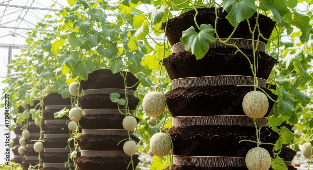 Poster medium view of soilbased vertical melon stacks highlighting rich earth layers supporting robust melo