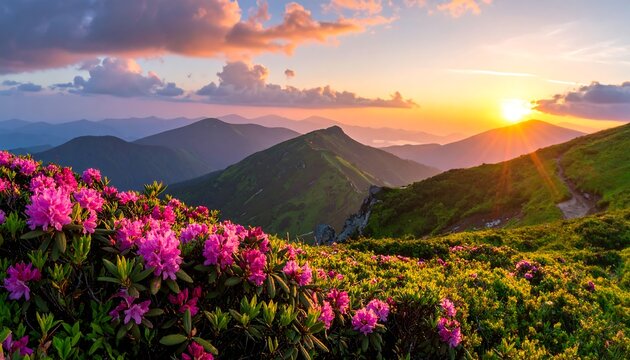 Lush mountain meadow ablaze with vibrant pink flowers at sunrise, showcasing a breathtaking vista of rolling hills and peaks.