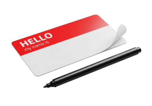 New rectangular self-adhesive name tag, vibrant red 'HELLO my name is' top, white area, lifted corner, sleek black marker, isolated on solid transparent background. Concept for product display