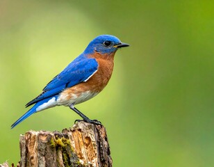 A vibrant Eastern Bluebird perches on a weathered stump against a soft, out-of-focus lime green background.