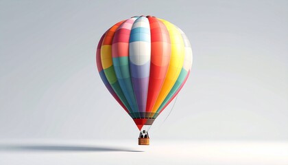 Obraz premium Rainbow-striped hot air balloon against light gray backdrop