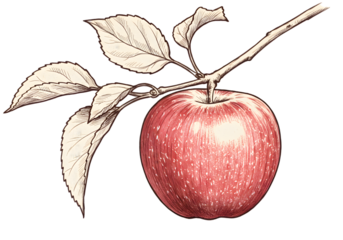Illustration Of Red Apple On Branch With Leaves Isolated On Transparent Background