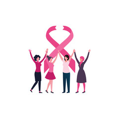 Diverse women holding a pink ribbon for breast cancer awareness and support