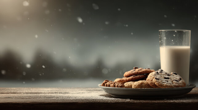 cozy winter setting featuring plate of freshly baked cookies and tall glass of milk perfect for santa