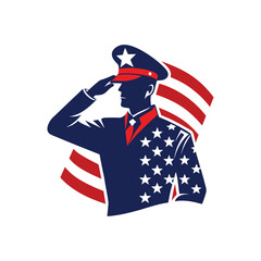 Patriotic soldier saluting with american flag