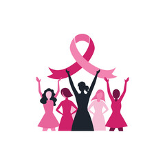 Women united holding pink ribbon for breast cancer awareness
