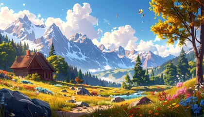 A vibrant, colorful landscape showcases a quaint wooden cabin nestled in a meadow at the foot of snow-capped mountains under a bright, sunny sky.