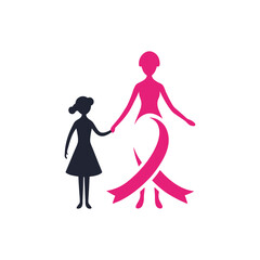 Mother and daughter holding hands with pink ribbon symbol for breast cancer awareness