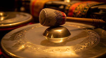 Fototapeta premium The intricate beauty of a traditional Indonesian gamelan instrument, featuring a bronze bonang gong and padded tabuh mallet