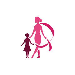 Mother and daughter silhouettes with pink ribbon symbolizing support and hope