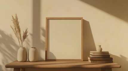 Empty frame on wooden table