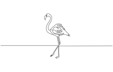 Continuous one line drawing of a flamingo standing on one leg, representing elegance and balance, flamingo simple contour drawing for modern minimalism design.