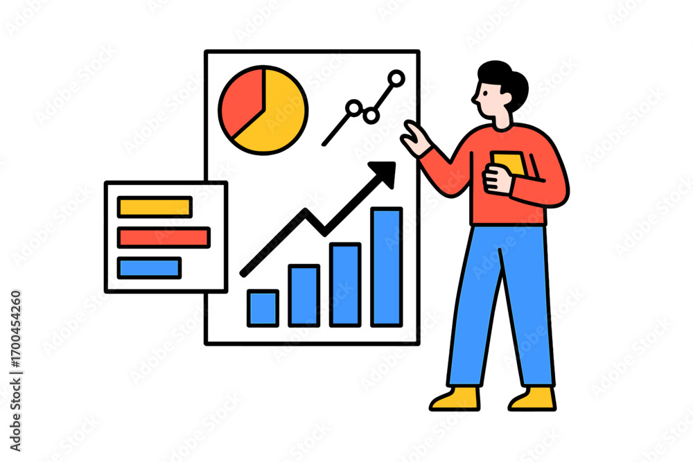 Poster businessman presenting data analysis on a whiteboard with charts and graphs showing financial growth
