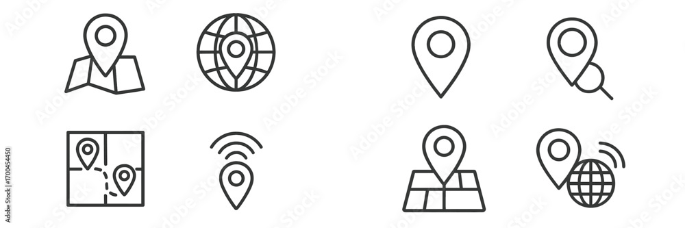 Poster collection of location and map pin line icons for navigation, gps, and destination tracking. simple 