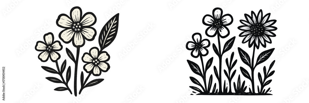 Poster set of two black and white floral compositions in a rustic linocut or woodblock print style with a t