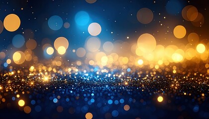 A bright abstract background with sparkling blue and golden bokeh lights creating a magical, festive atmosphere. Concept for celebrations and special occasions