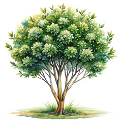 Watercolor Tree with Green Foliage on transparent background