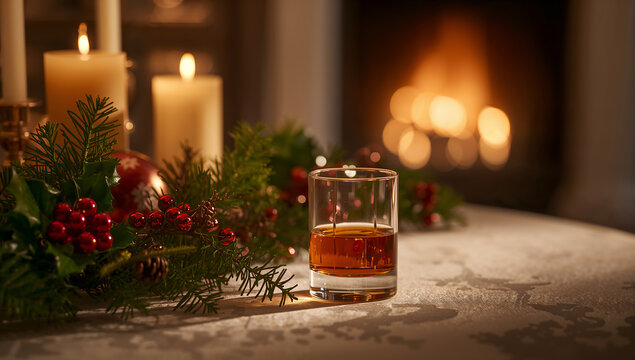 Warm Holiday Decoration with a Glass of Whiskey Scene - Powered by Adobe