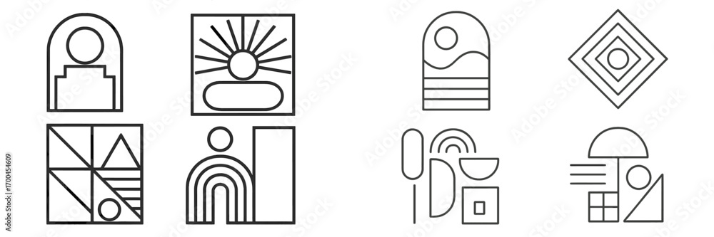 Aufkleber collection of modern minimalist icons featuring abstract geometric shapes and linear symbols for cre
