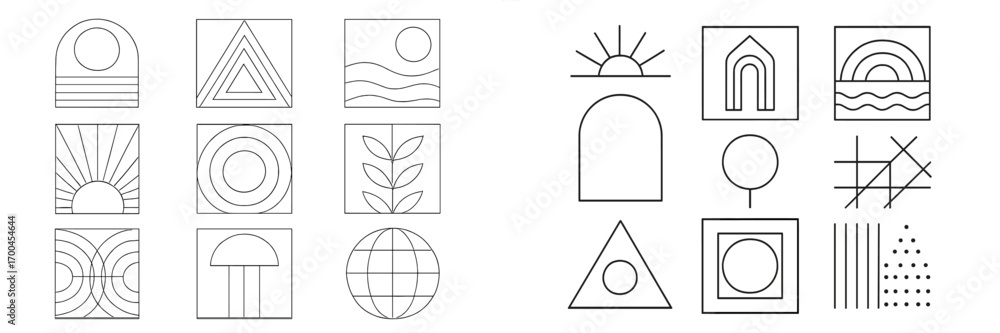 Poster set of minimalist geometric symbols and abstract line art icons for modern branding and logo design 