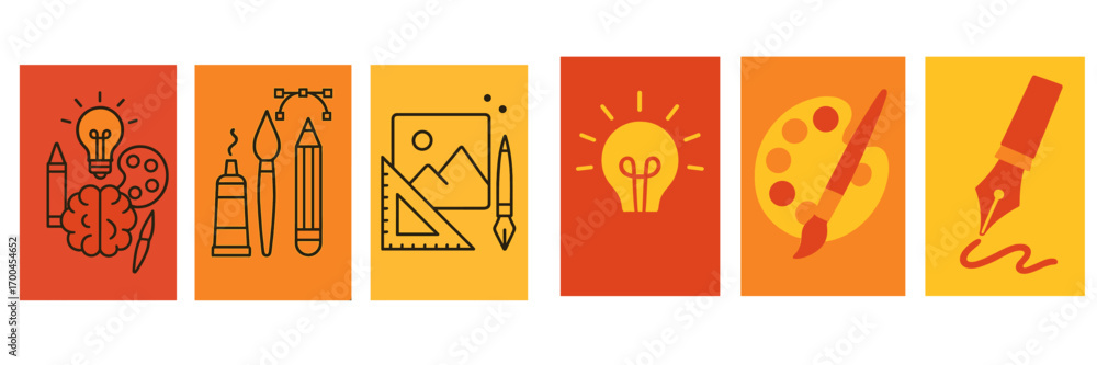 Poster set of line art icons for the creative process and graphic design tools, illustrating concepts like 