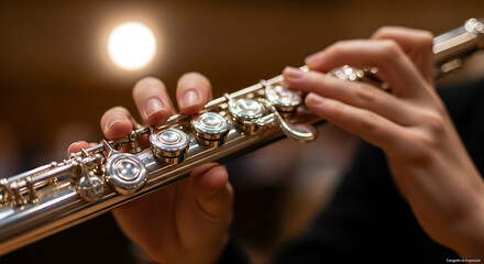 Close-up of hands playing the flute, showcasing musical instrument and artistic performance in focus