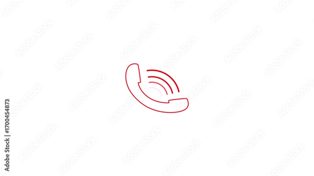 Poster simple red outline of a telephone receiver with sound waves emanating from it on a white background