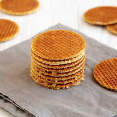 Homemade Dutch Stroopwafles with Honey-Caramel Filling, side view.