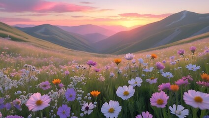 Fototapeta premium Serene mountain valley at sunset with wildflowers