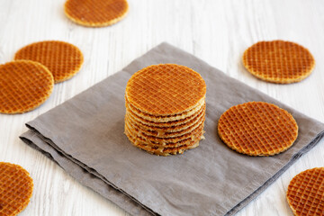 Homemade Dutch Stroopwafles with Honey-Caramel Filling, side view.