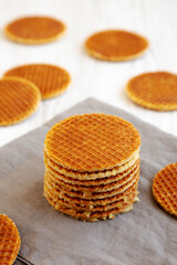 Homemade Dutch Stroopwafles with Honey-Caramel Filling, side view.