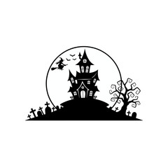 Spooky haunted house silhouette on hill with moon witch and graveyard for halloween night illustration