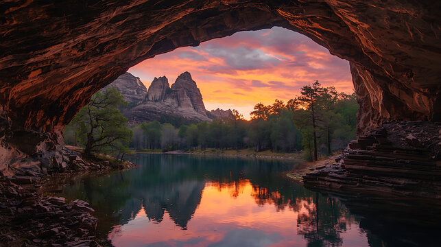 sunset view from inside a cave overlooking lake and mountains with vibrant sky