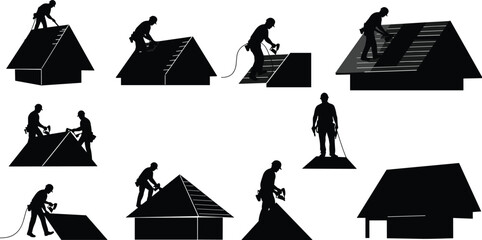 Roof construction workers silhouette, nailing shingles, installing roof tiles, using tools, roofing contractor on house, safety harness, roof repair scene © Mim's World