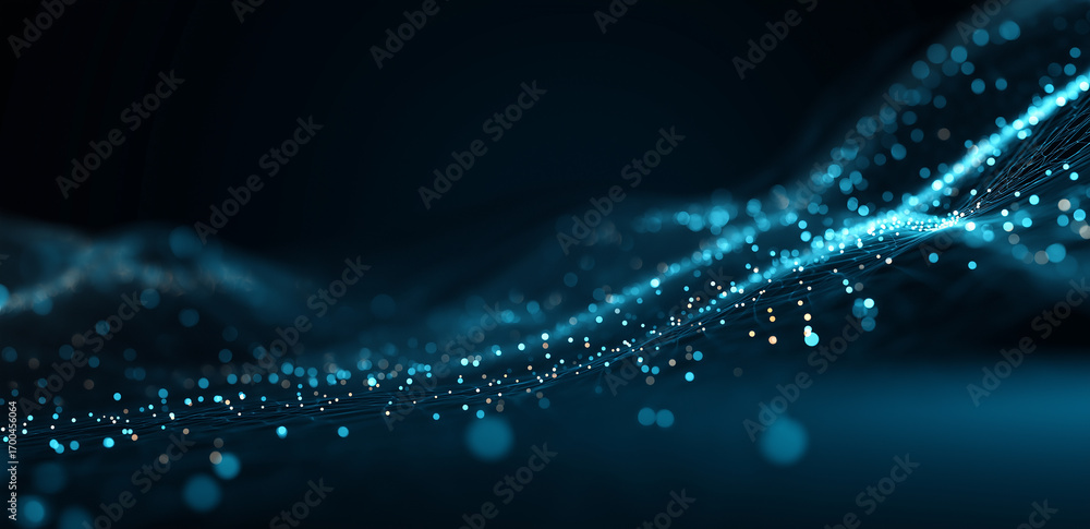 Poster blue particle flow abstract tech background, dynamic digital art for multimedia or interface design