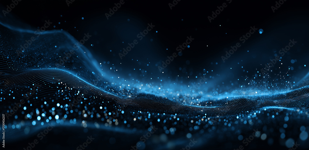 Poster blue particle flow abstract tech background, dynamic digital art for multimedia or interface design
