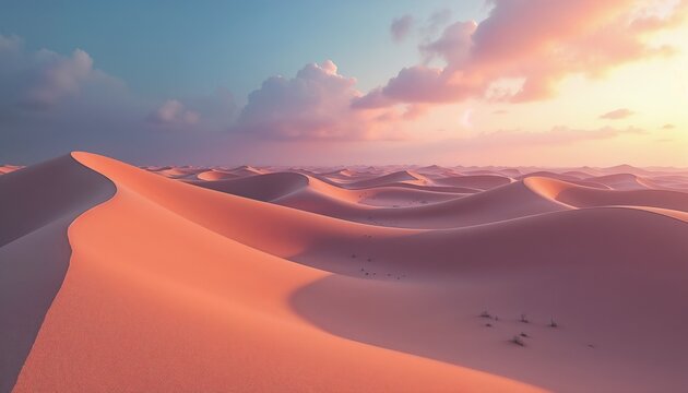 Gentle undulating sand dunes at sunset with soft pink hues and a serene sky