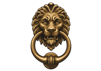 Golden Lion Head Door Knocker Illustration With Pixel Art on Transparent Background
