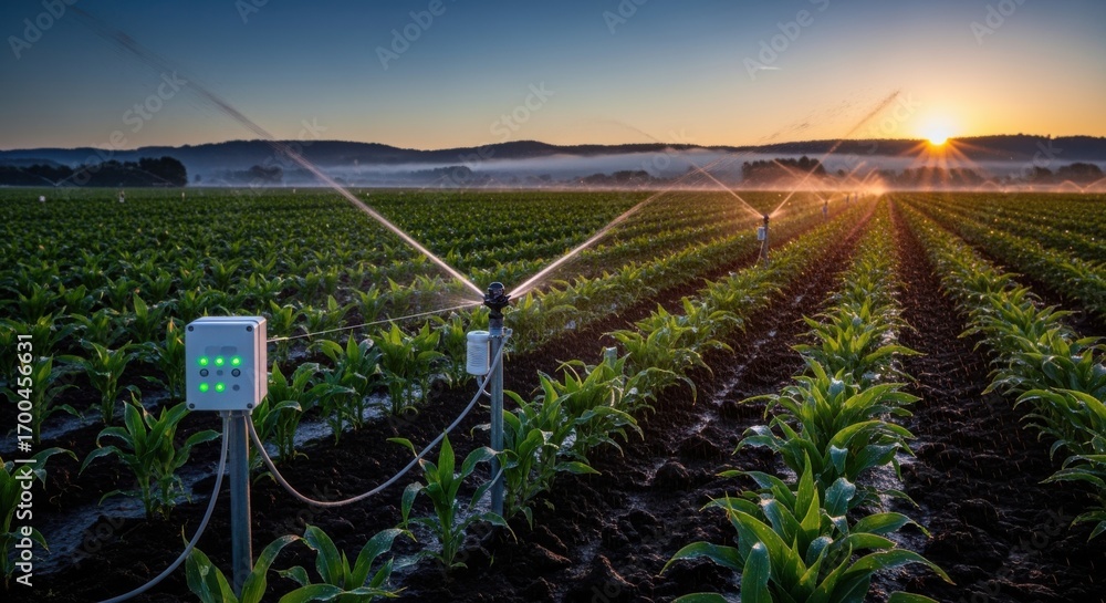Poster medium shot of a smart weatherresponsive farm with humidity sensors adjusting irrigation based on so