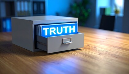 Drawer reveals a glowing sign that reads truth, suggesting hidden insights in a workspace with a modern design