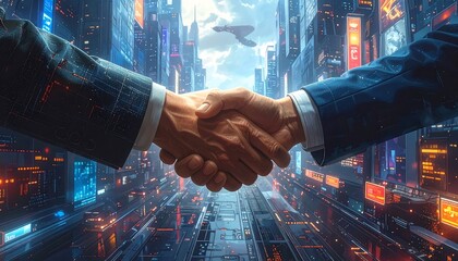 Two hands shake in a futuristic cityscape, symbolizing a powerful alliance.