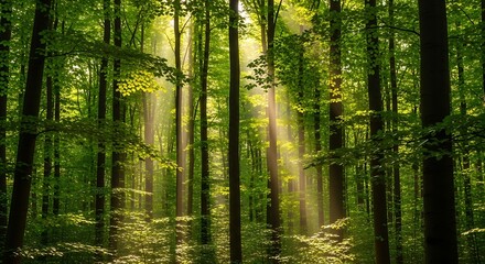 Obraz premium Sunlight Streaming Through Forest Canopy Creating Atmospheric Rays of Light