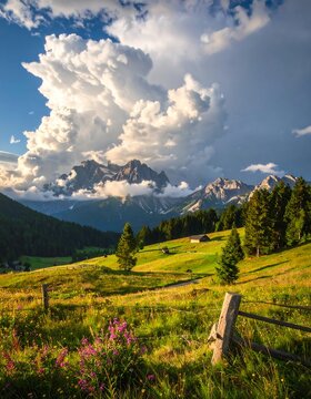 A picturesque alpine meadow unfolds beneath a dramatic sky filled with cumulus clouds, showcasing rolling hills, towering mountains, and rustic farmhouses.