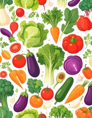 A vibrant and colorful pattern featuring various fresh vegetables, including tomatoes, carrots, cabbages, peppers, and more, presented in a cheerful and appetizing style.