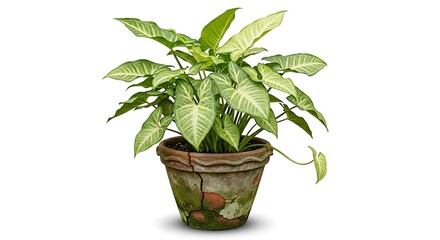 Obraz premium Syngonium Plant in a Cracked Terracotta Pot Against White Background