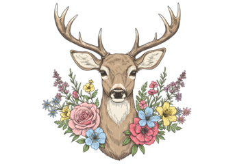 Deer Head With Floral Bouquet Illustration On Transparent Background