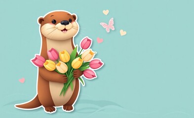 A delightful cartoon otter holding a colorful bouquet of tulips, with small hearts and a butterfly fluttering nearby.
