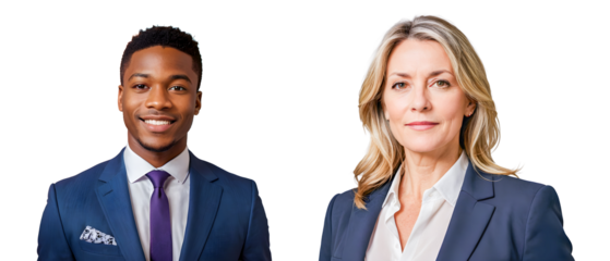 A confident business couple smiling together in a professional office