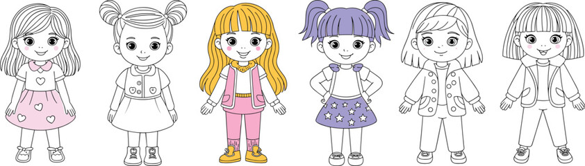 Cute cartoon girls standing together, fashion outfits, modern hairstyle, kids character design, black and white and colored illustration set.