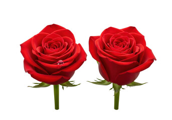 Fototapeta premium Two vibrant red roses, crisp petals, green stems, glistening dew drop on one, arranged horizontally on a seamless transparent background, pristine natural elegance concept
